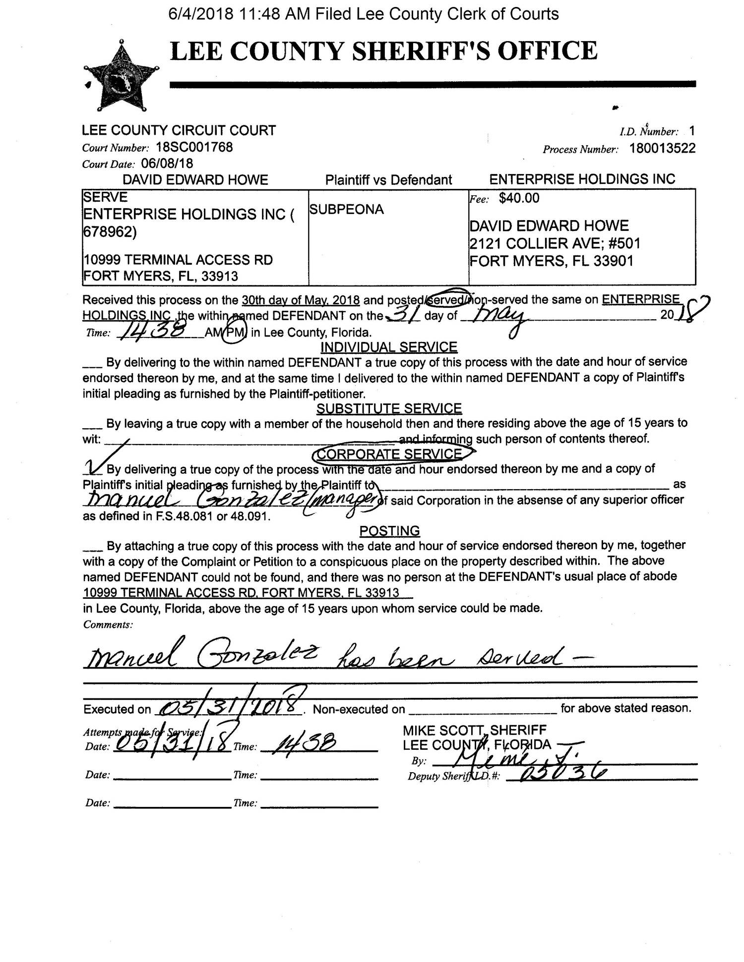 Fraud Perpetrator Enterprise National Car Rental Served 3rd Subpoena