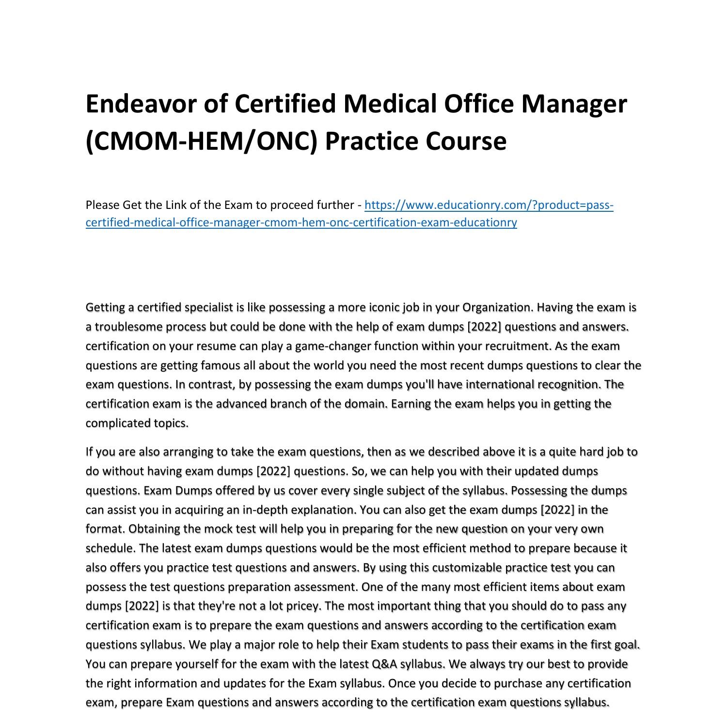 Endeavor of Certified Medical Office Manager (CMOM-HEM/ONC) Practice   | DocDroid